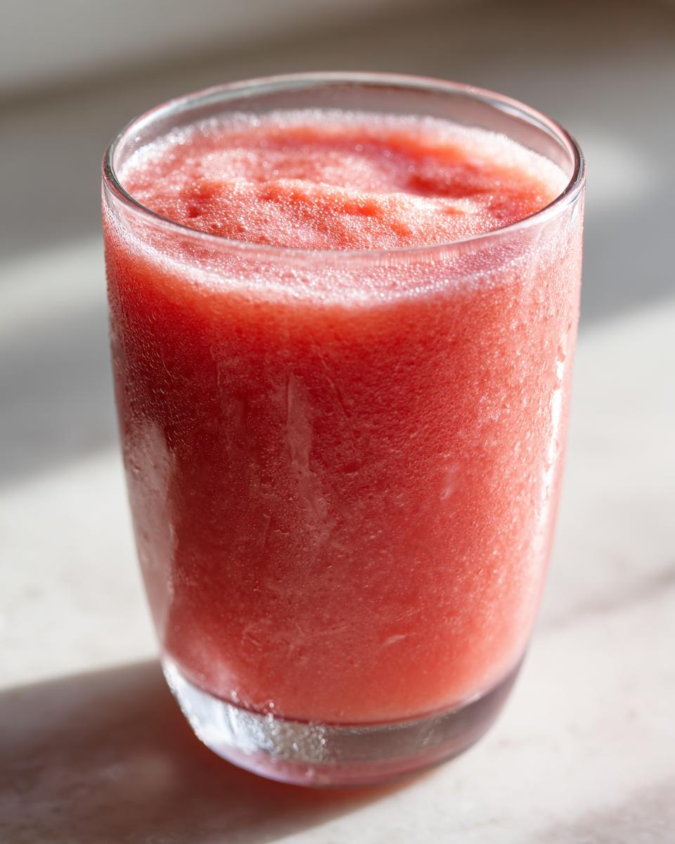 Close-up of a tall, frosty glass filled with a vibrant pink watermelon smoothie.