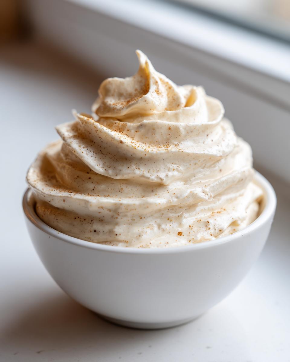 Close-up of fluffy, whipped honey butter recipe in a white bowl, dusted with cinnamon.