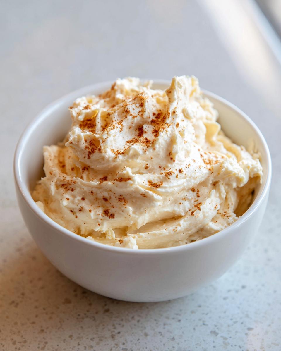 A white bowl filled with creamy, whipped honey butter recipe, lightly dusted with cinnamon.