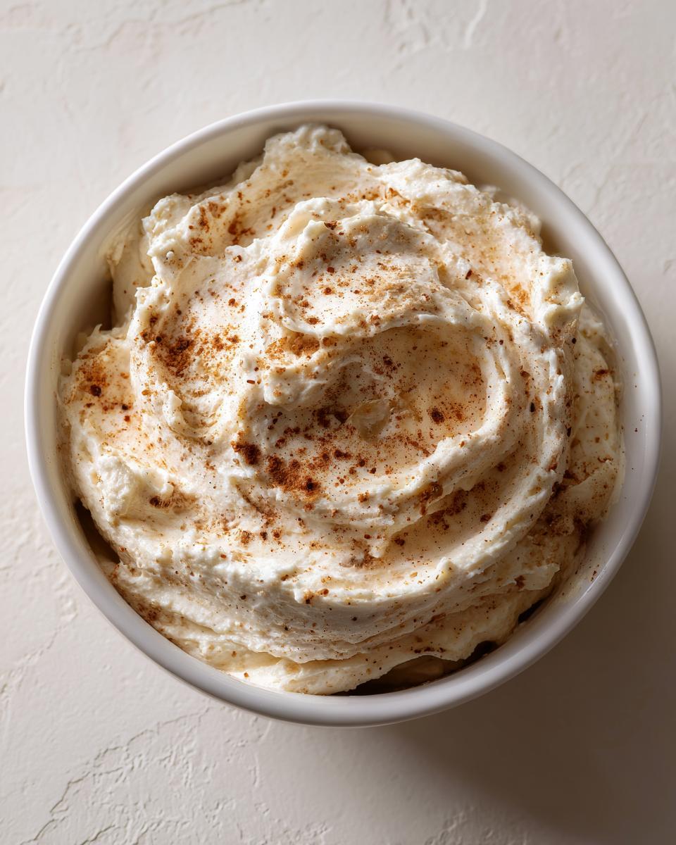 A close-up overhead view of freshly whipped honey butter recipe in a white bowl, lightly dusted with cinnamon.