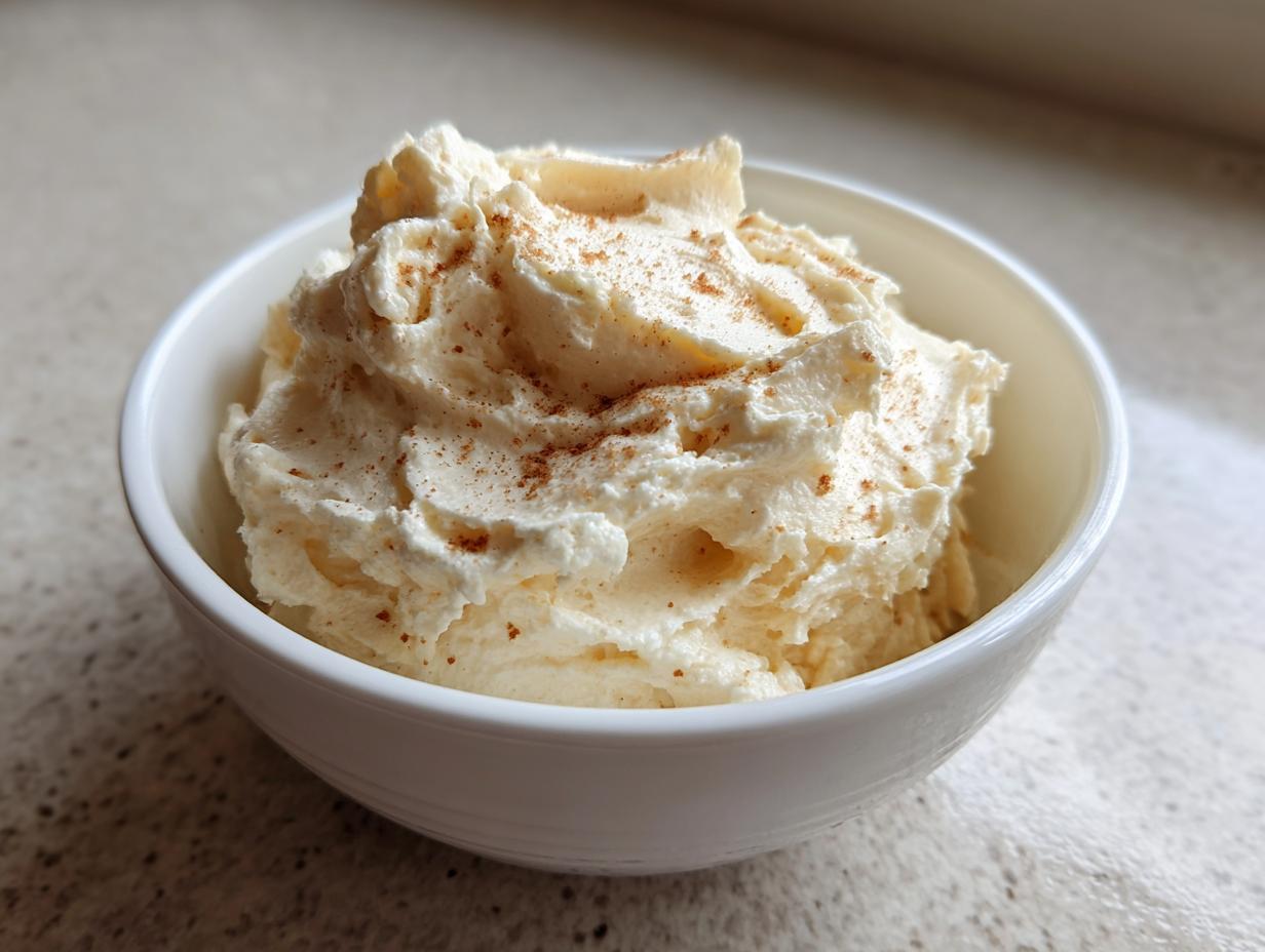 A white bowl filled with fluffy, whipped honey butter, lightly dusted with cinnamon.