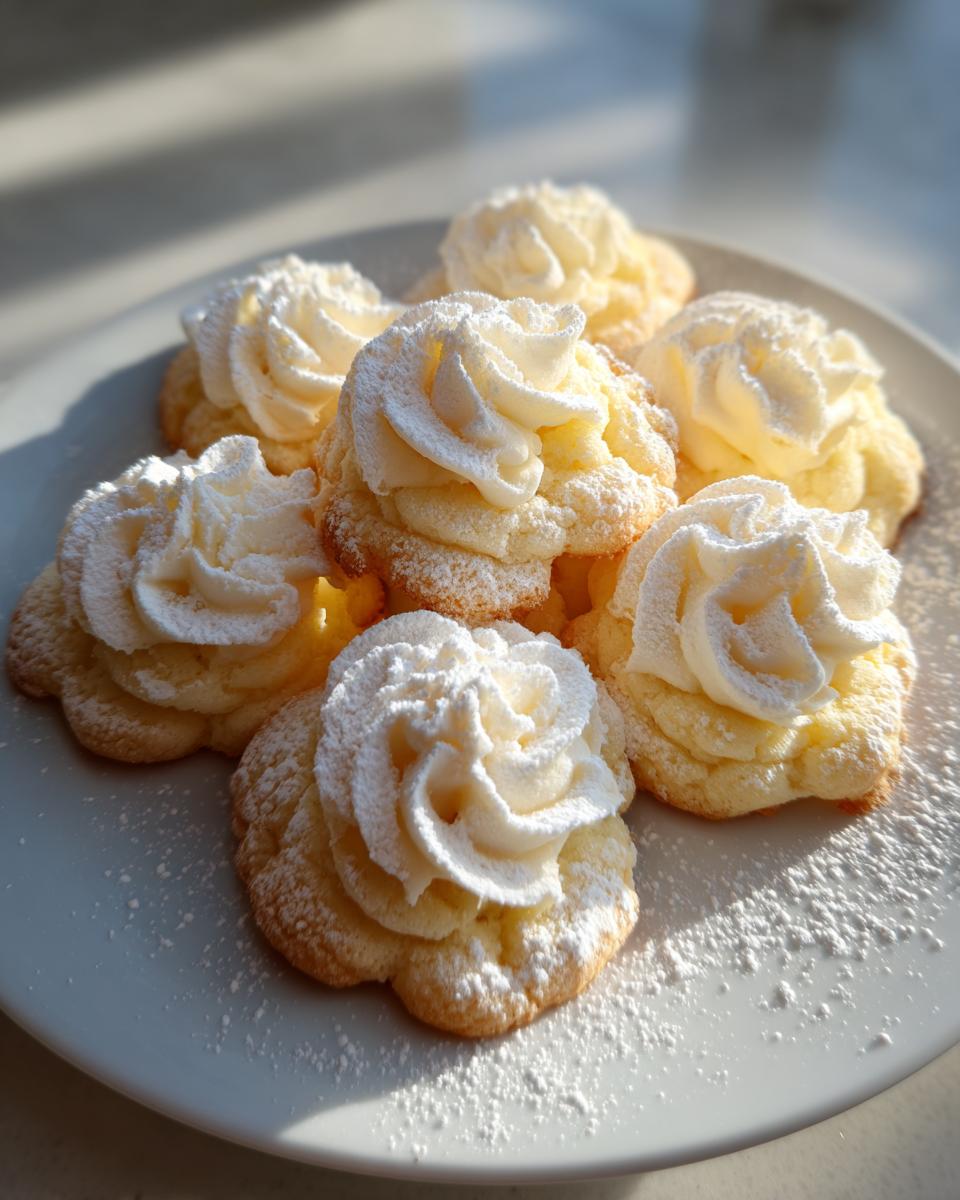 A plate of delicate whipped shortbread cookies topped with piped cream swirls and dusted with powdered sugar.