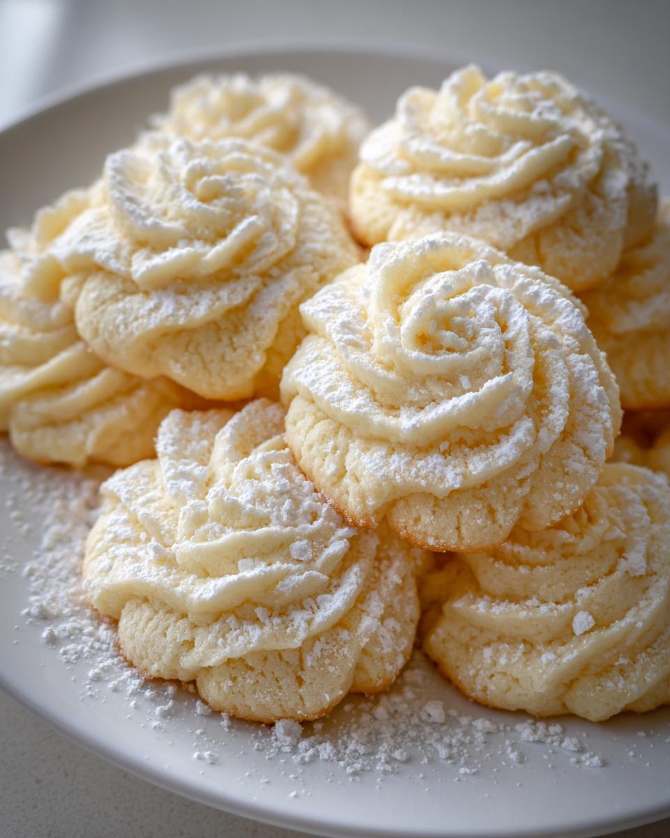 Close-up of several light, buttery whipped shortbread cookies piped into rose shapes and dusted with powdered sugar.