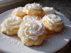 A plate of golden whipped shortbread cookies topped with piped frosting roses and dusted with powdered sugar.