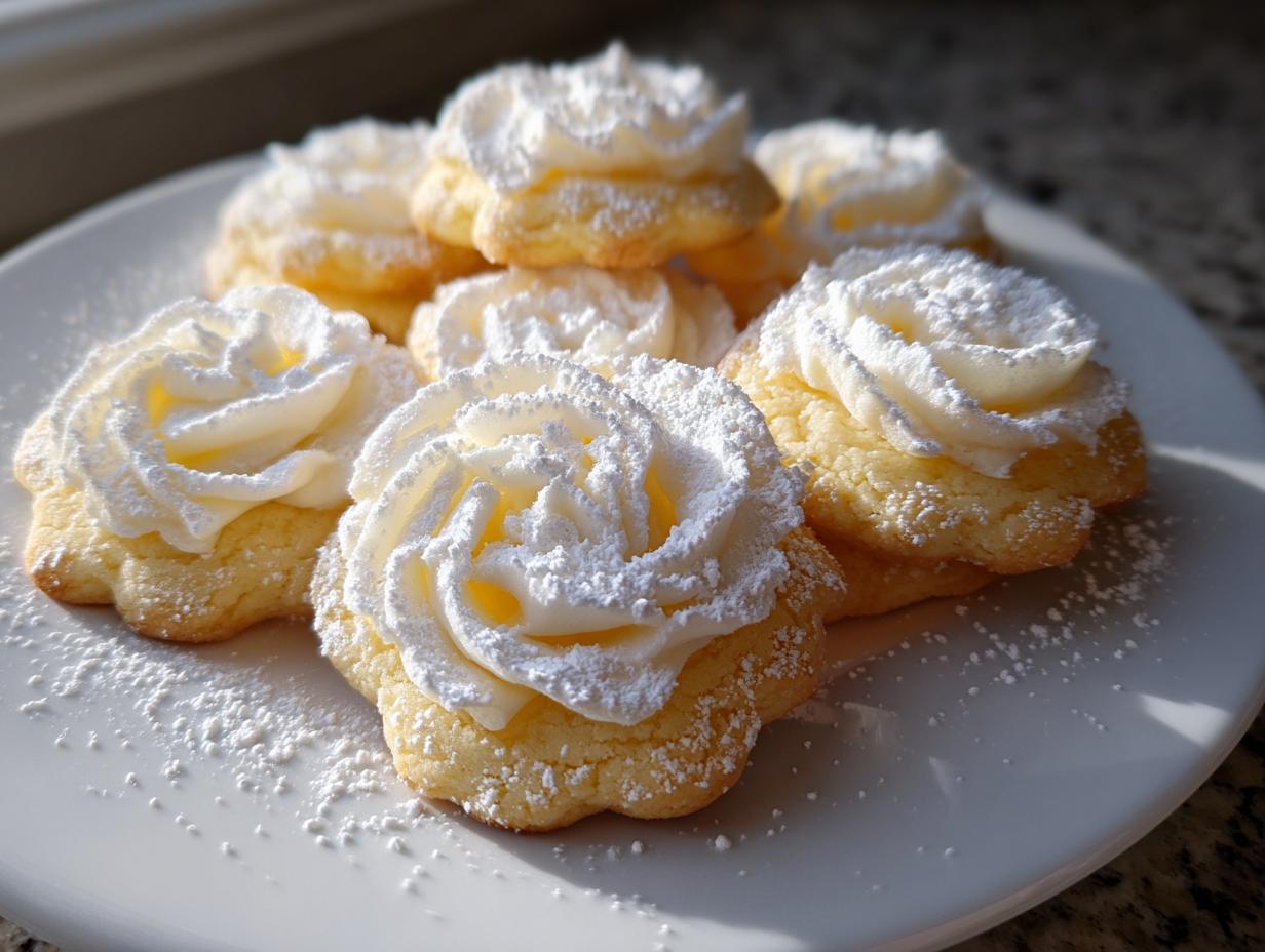 A plate of golden whipped shortbread cookies topped with piped frosting roses and dusted with powdered sugar.