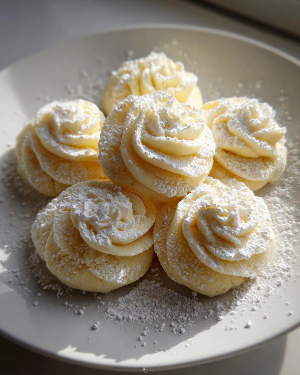 A plate of delicate, piped whipped shortbread cookies topped with a swirl of frosting and dusted heavily with powdered sugar.