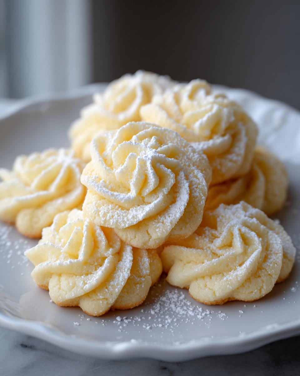 A close-up of several perfectly piped whipped shortbread cookies dusted with powdered sugar on a white plate.