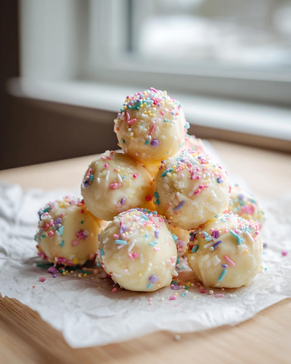 A stack of white chocolate sugar cookie truffles covered in colorful pastel sprinkles, resting on parchment paper.