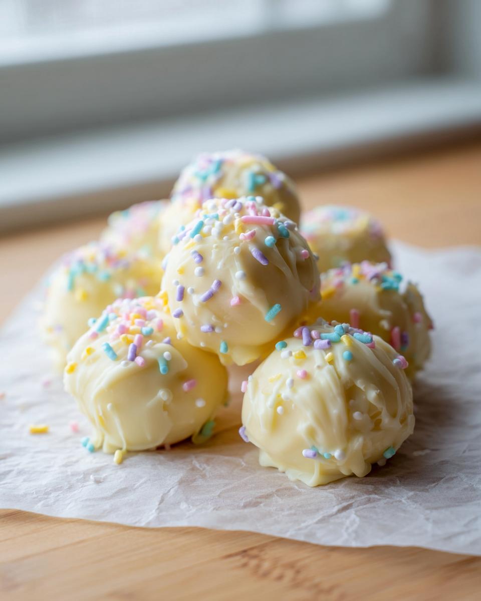 A pile of white chocolate sugar cookie truffles coated in white chocolate and topped with pastel sprinkles.