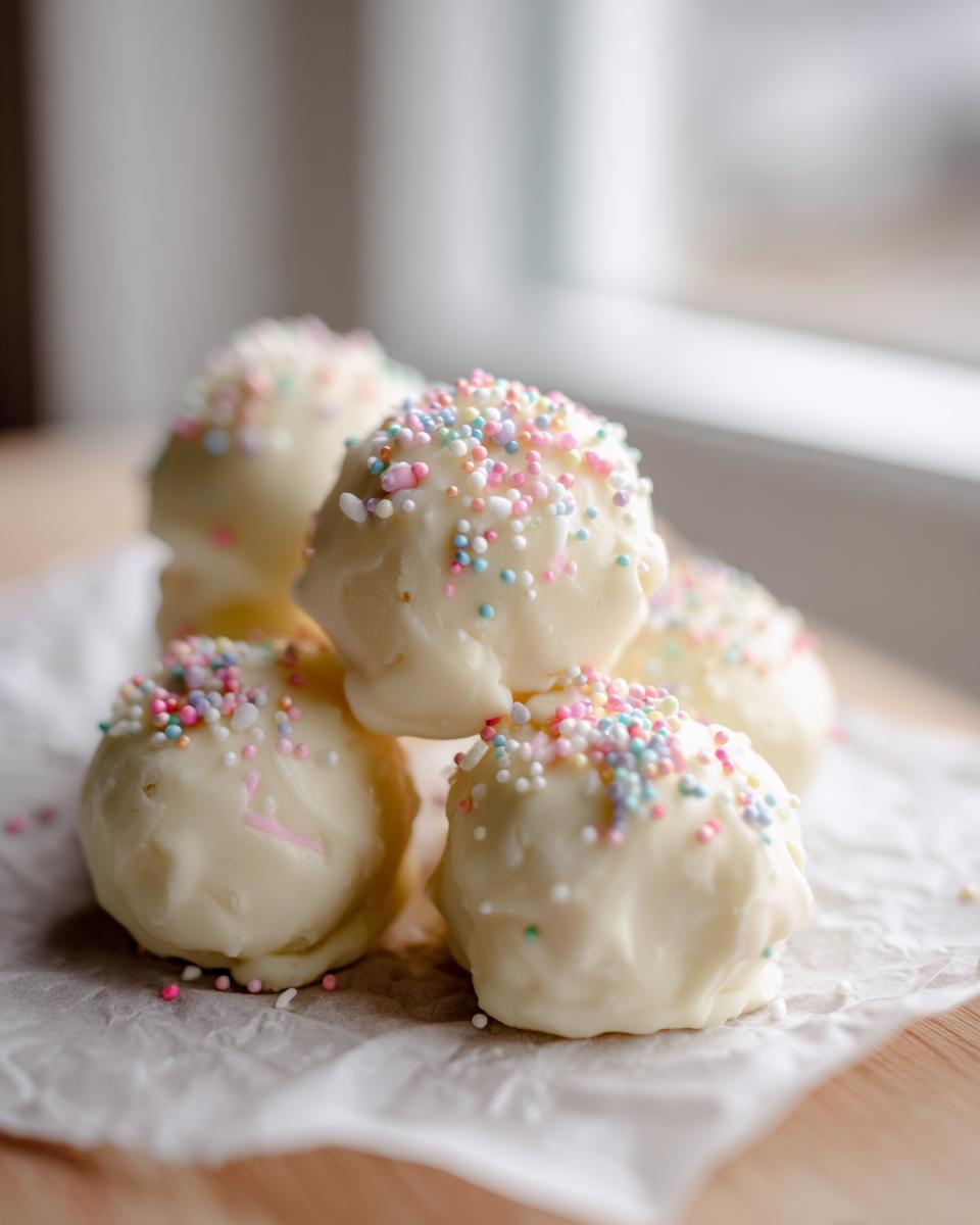 A stack of white chocolate coated sugar cookie truffles topped with pastel rainbow sprinkles.
