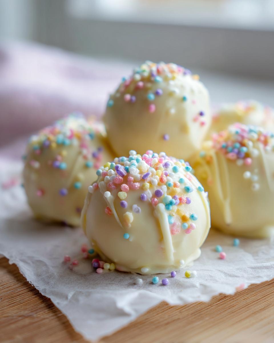 A pile of decadent sugar cookie truffles coated in white chocolate and topped with pastel sprinkles.